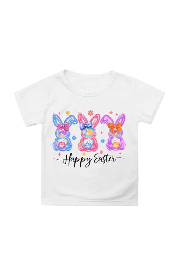 Easter T-Shirt for Girls Rabbit Print Short Sleeve Crewneck T Shirt, Sizes 3-13