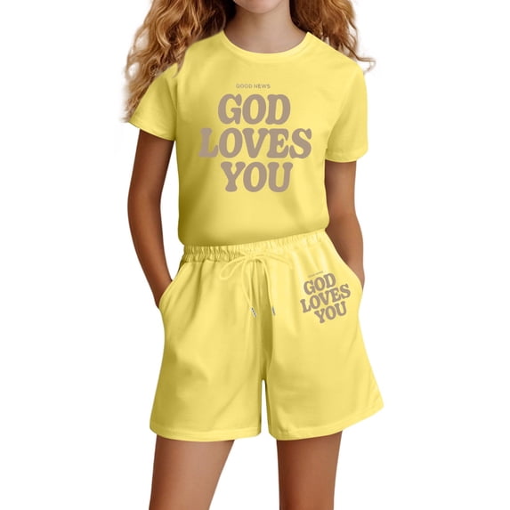 Tiijoy Girl Casual Outfits Letter Print Cotton Short Sleeve T Shirt Shorts Set, Sizes 4-14