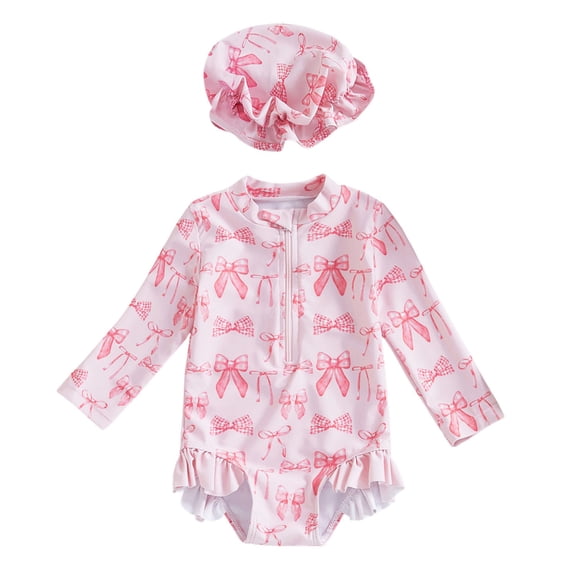 Tiijoy Girl Cute Bow Rullfe Long Sleeve Rash Guard One-Piece Swimsuit Swimwear, Sizes 0-3T