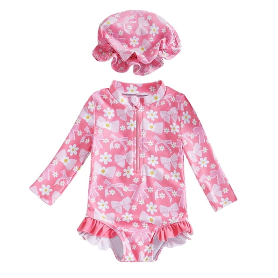 Tiijoy Girl Cute Bow Rullfe Long Sleeve Rash Guard One-Piece Swimsuit Swimwear, Sizes 0-3T