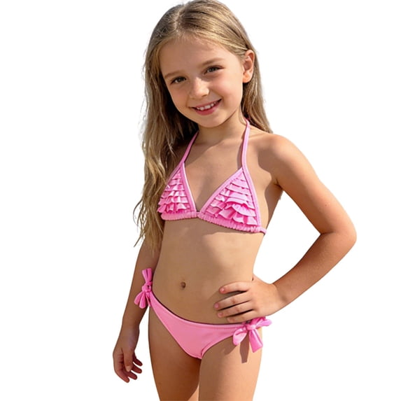 Tiijoy Girl Layered Ruffle Halter Bikini Set Beach Swimsuit Solid Bathing Suit, Sizes 7-14