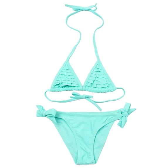 Tiijoy Girl Layered Ruffle Halter Bikini Set Beach Swimsuit Solid Bathing Suit, Sizes 7-14