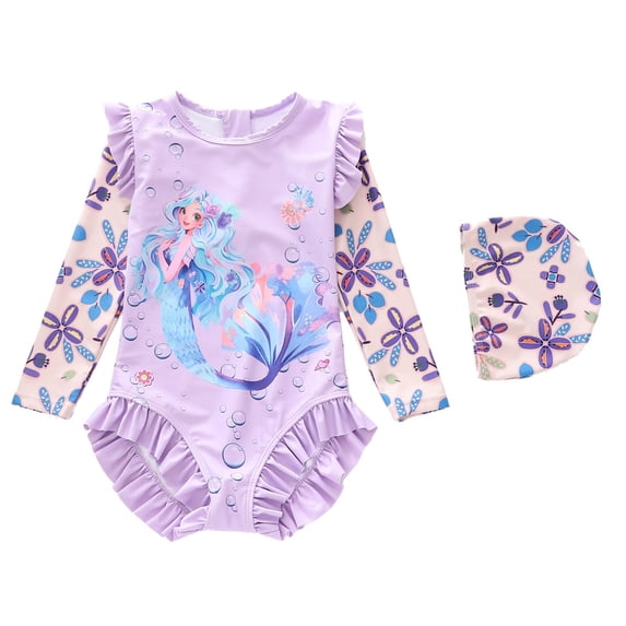 Tiijoy Girl Long Sleeve Rash Guard Swimsuit Cute Cartoon UPF 50+ Bathing Suit, Sizes 3-4