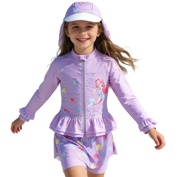 Tiijoy Girl Ruffle Long Sleeve Rash Guard Swimsuit with Skort Hat Bathing Suit, 3-Piece, Sizes 3-12