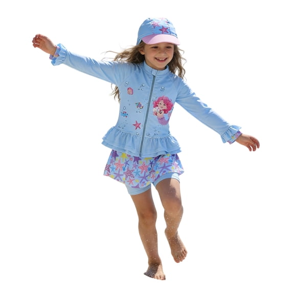 Tiijoy Girl Ruffle Long Sleeve Rash Guard Swimsuit with Skort Hat Bathing Suit, 3-Piece, Sizes 3-12