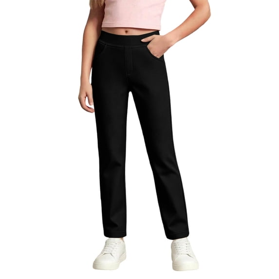 Tiijoy Girl School Uniform Pants Pull On Straight Fit Flat Front Pants, Black, Size 5-14