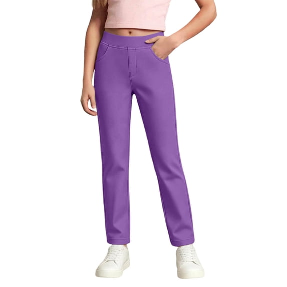 Tiijoy Girl School Uniform Pants Pull On Straight Fit Flat Front Pants, Purple, Size 5-14