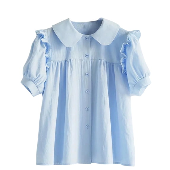 Tiijoy Girl Short Sleeve Blouse Casual Ruffle Button Up Shirt Cute Summer Tops, Sizes 3-16