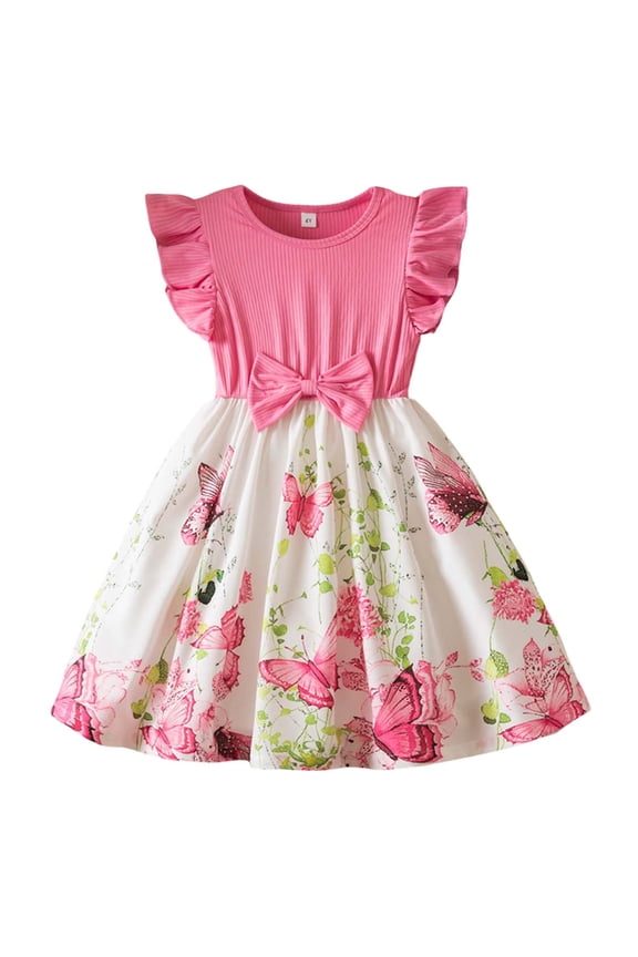 Girl's Butterfly Print Ruffle Sleeveless Dress Cotton Ribbed Casual Dress, Sizes 2-3