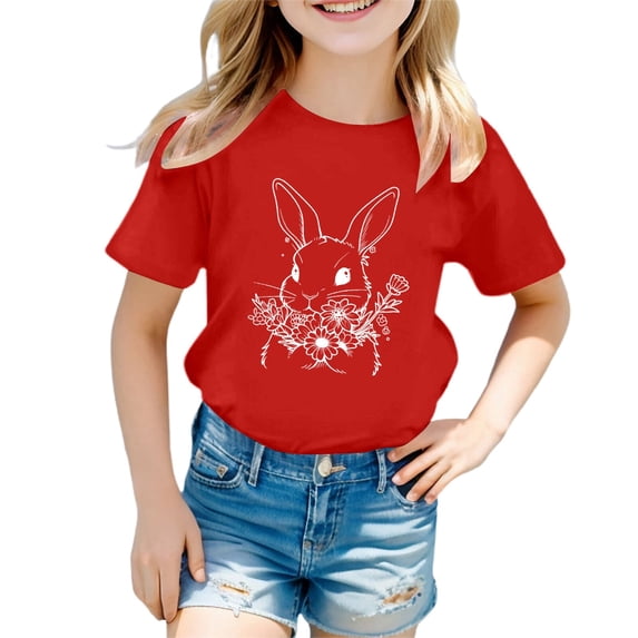 Tiijoy Girl's Cute Easter T-Shirt Rabbit Print Short Sleeve Round Neck T Shirt, Sizes 1-13
