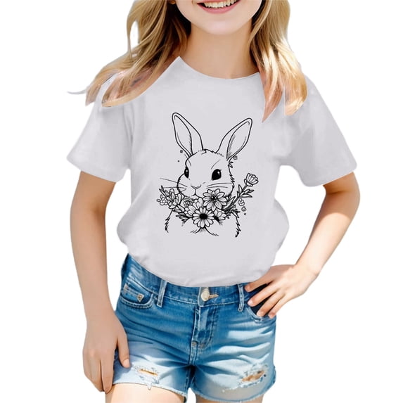 Tiijoy Girl's Cute Easter T-Shirt Rabbit Print Short Sleeve Round Neck T Shirt, Sizes 1-13
