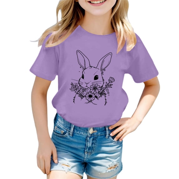 Tiijoy Girl's Cute Easter T-Shirt Rabbit Print Short Sleeve Round Neck T Shirt, Sizes 1-13