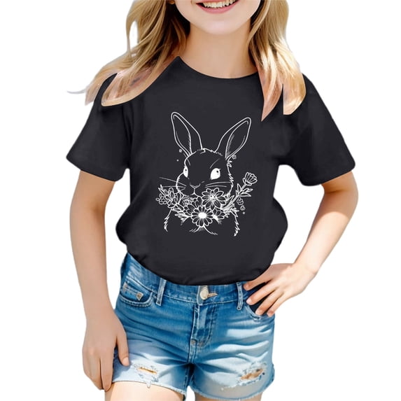 Tiijoy Girl's Cute Easter T-Shirt Rabbit Print Short Sleeve Round Neck T Shirt, Sizes 1-13