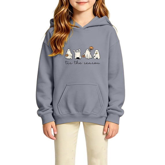 Tiijoy Girl's Halloween Ghost Graphic Hoodie Fall Pullover Sweatshirt, Grey, Sizes 4-14