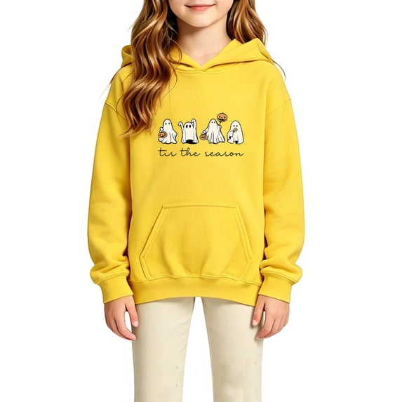 Tiijoy Girl's Halloween Ghost Graphic Hoodie Fall Pullover Sweatshirt, Yellow, Sizes 4-14