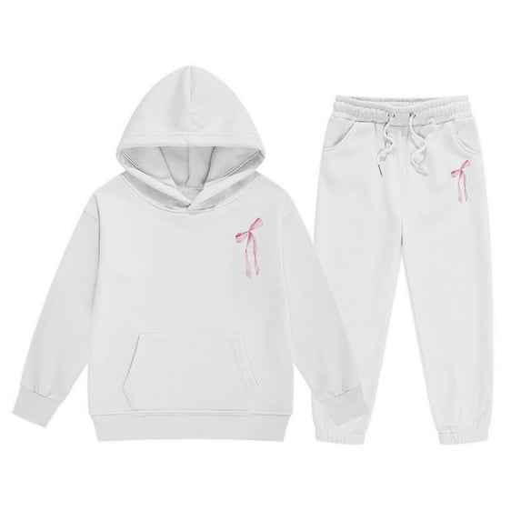 Tiijoy Girl's Hoodie Set Cute Bow Print Hooded Sweatshirt Joggers Sweatsuit, Sizes 2-13
