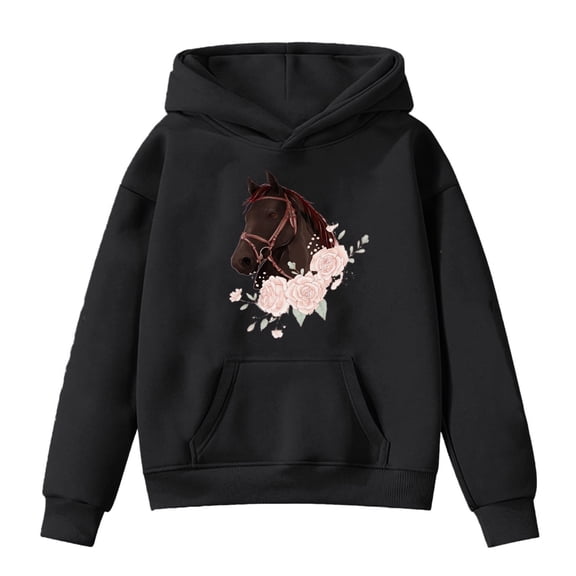 Tiijoy Girl's Horse Graphic Hoodie Kids Long Sleeve Hooded Sweatshirt, Black, Sizes 4-14