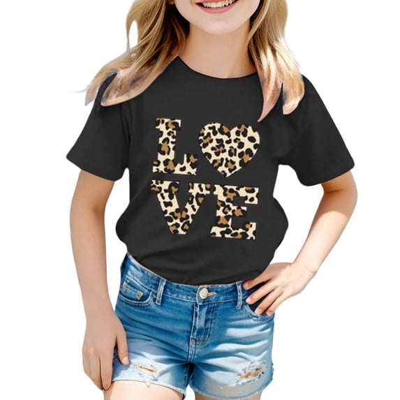 Tiijoy Girl's Leopard Letter Print Summer Tee Short Sleeve Round Neck T-Shirt, Sizes 3-13