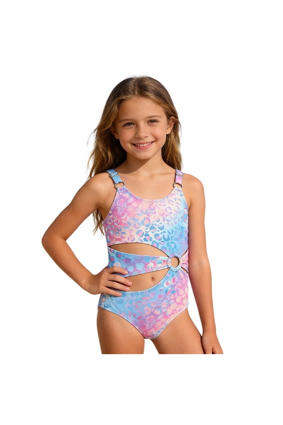 Girl's One-Piece Swimsuit Rainbow Colorful Leopard Cutout Bathing Suit