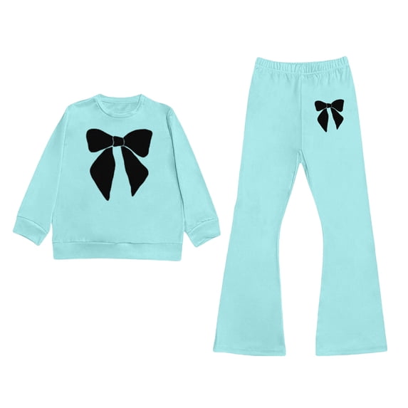 Tiijoy Girl's Outfits Bow Print Pullover Sweatshirt & Flared Pants Set, Sizes 3-10
