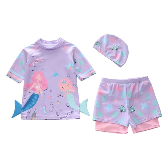 Tiijoy Girl's Swimsuit Cute Cartoon Short Sleeve Rash Guard Shorts Swim Cap, 3-Piece, Sizes 3-12