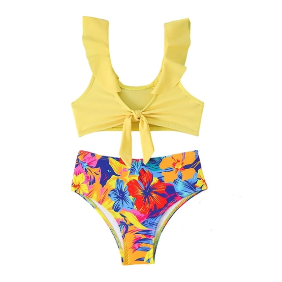 Tiijoy Girl's Two Piece Swimsuits Tropical Print Beach Ruffle Bikini Set, Sizes 4-8