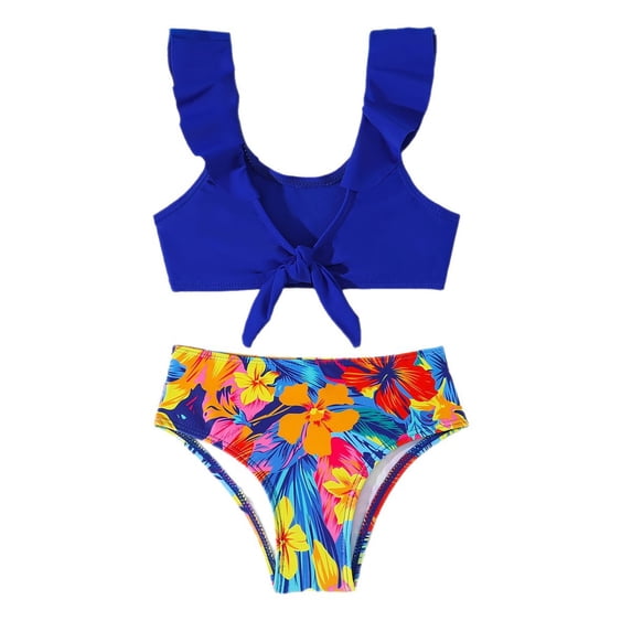 Tiijoy Girl's Two Piece Swimsuits Tropical Print Beach Ruffle Bikini Set, Sizes 4-8