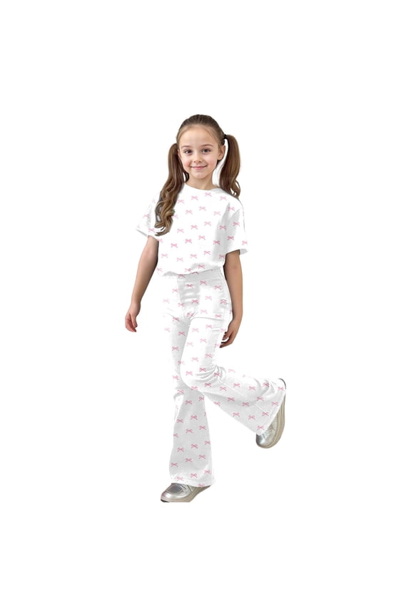 Girls 2-Piece Casual Short Sleeve T-Shirt Flared Pants Set, Sizes 7-13