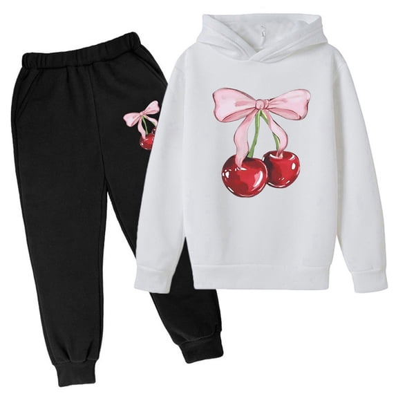 Tiijoy Girls 2 Piece Casual Sports Cherry Bow Print Hoodie Sweatpants Outfits, Sizes 3-14