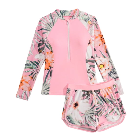 Tiijoy Girls 2-Piece Swimsuit Long Sleeve Rash Guard Boyshorts Bathing Suit, Sizes 7-14
