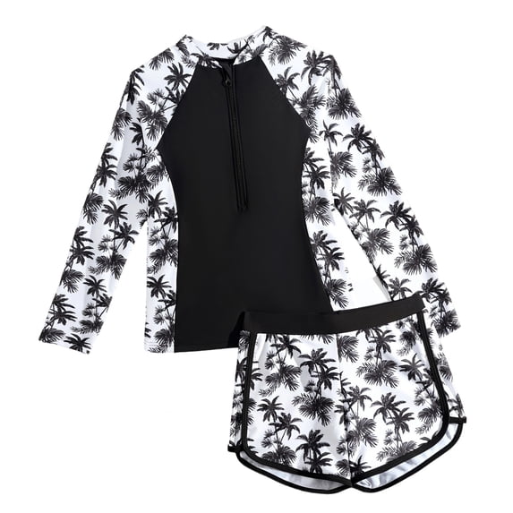 Tiijoy Girls 2-Piece Swimsuit Long Sleeve Rash Guard Boyshorts Bathing Suit, Sizes 7-14