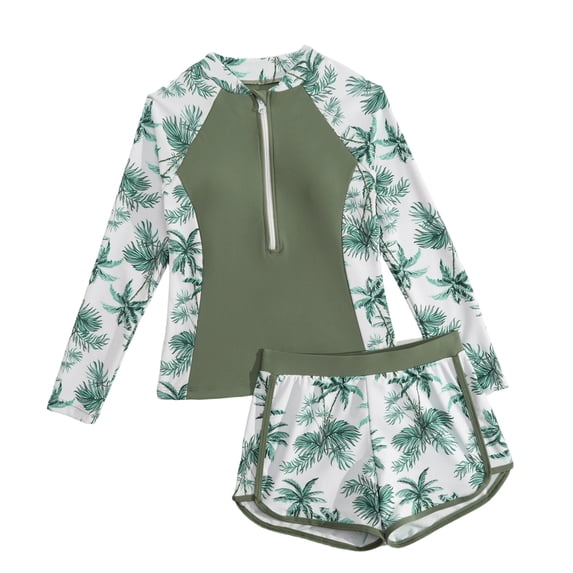 Tiijoy Girls 2-Piece Swimsuit Long Sleeve Rash Guard Boyshorts Bathing Suit, Sizes 7-14