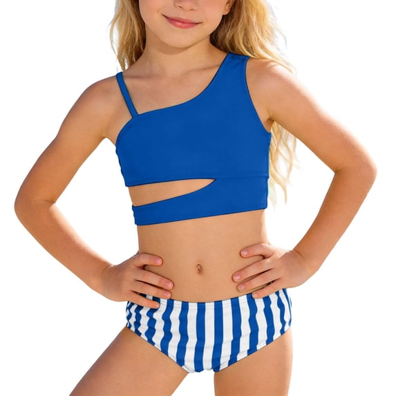 Tiijoy Girls 2-Piece Swimsuit One Shoulder Bikini Set Beach Pool Bathing Suits