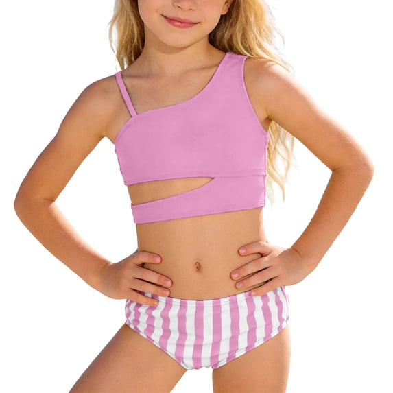 Tiijoy Girls 2-Piece Swimsuit One Shoulder Bikini Set Beach Pool Bathing Suits