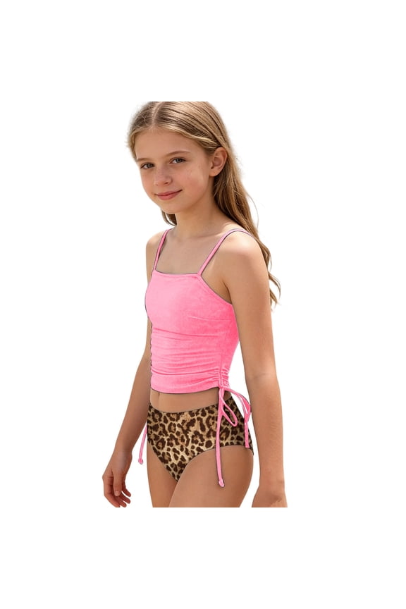 Girls 2-Piece Swimsuit Strappy Bikini Set Leopard Side-Tie Bathing Suit Swimwear