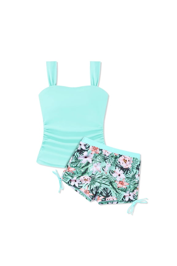 Girls 2-Piece Swimsuit Tropical Print Tankini Set Bathing Suit with UPF50+