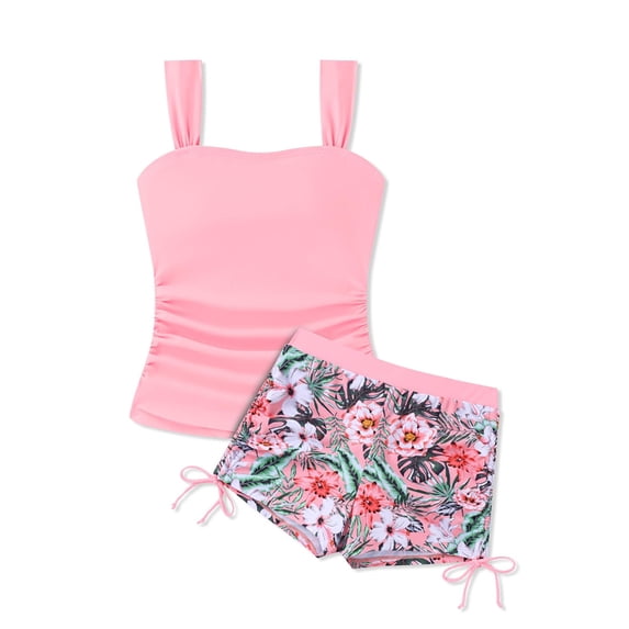 Tiijoy Girls 2-Piece Swimsuit Tropical Print Tankini Set Bathing Suit with UPF50+