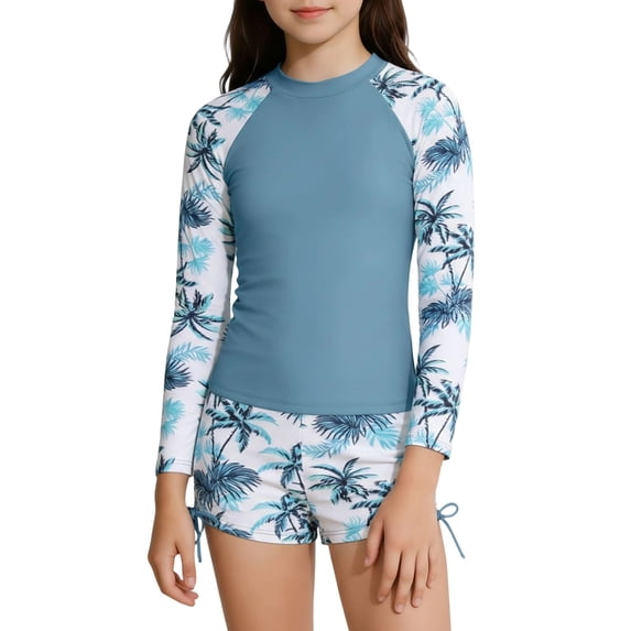 Tiijoy Girls 2-Piece Swimsuit UPF50 Long Sleeve Rash Guard Shorts Bathing Suit, Sizes 6-14