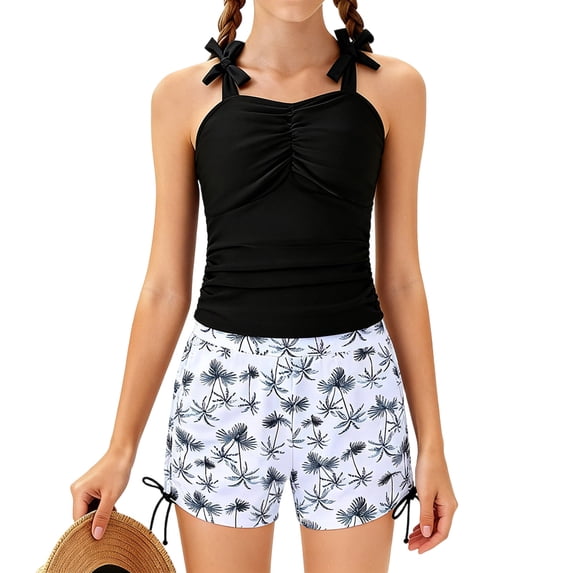 Tiijoy Girls 2-Piece Swimsuit UPF50+ Ruched Tankini Top Boyshorts Bathing Suit, Sizes 7-16