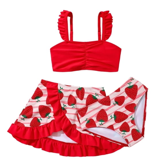 Tiijoy Girls 3 Piece Swimsuit Cute Strawberry Ruffle Bikini Set with Cover Up Beach Skirt, Sizes 4-8