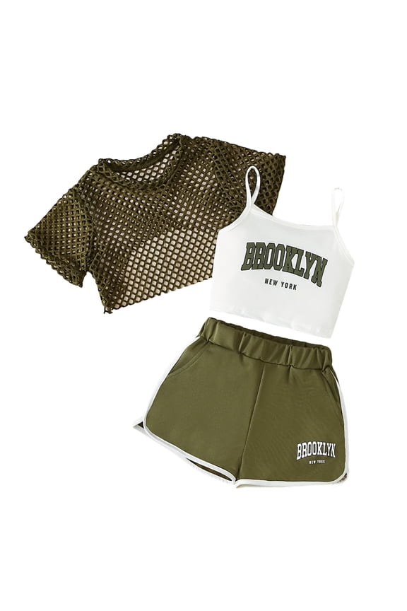 Girls 3Pcs Outfits Stylish Letter Camisole Fishnet Crop Top Shorts Set, Sizes 5-14