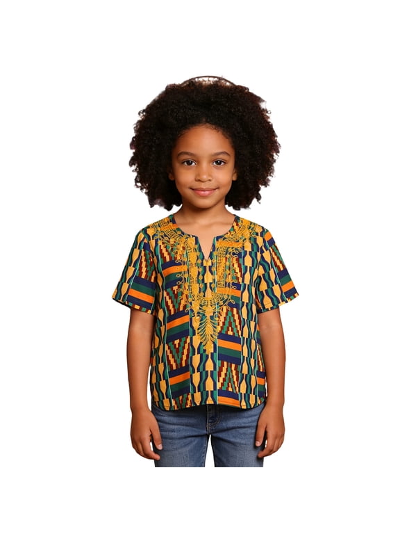 Girls Africa Dashiki T-Shirt Ethnic Style V Neck Short Sleeve T Shirt, Sizes 1-6
