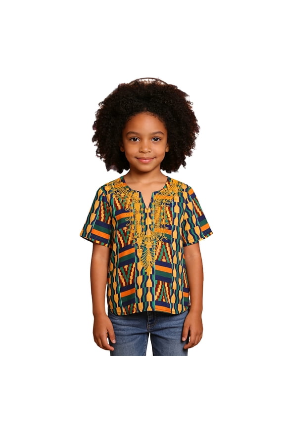 Girls Africa Dashiki T-Shirt Ethnic Style V Neck Short Sleeve T Shirt, Sizes 1-6