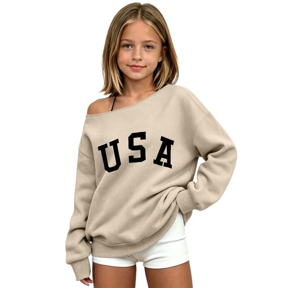 Tiijoy Girls Asymmetrical Off Shoulder Sweatshirt Usa Casual Cozy Pullover Top, Beige, Sizes 3-14