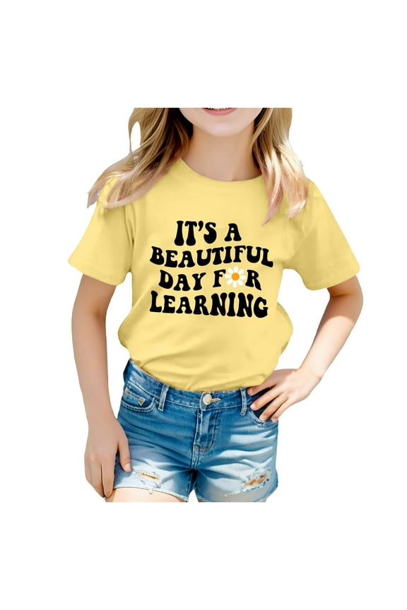 Girls Back-To-School T-Shirt Letter Short Sleeve Round Neck T Shirt, Sizes 3-12