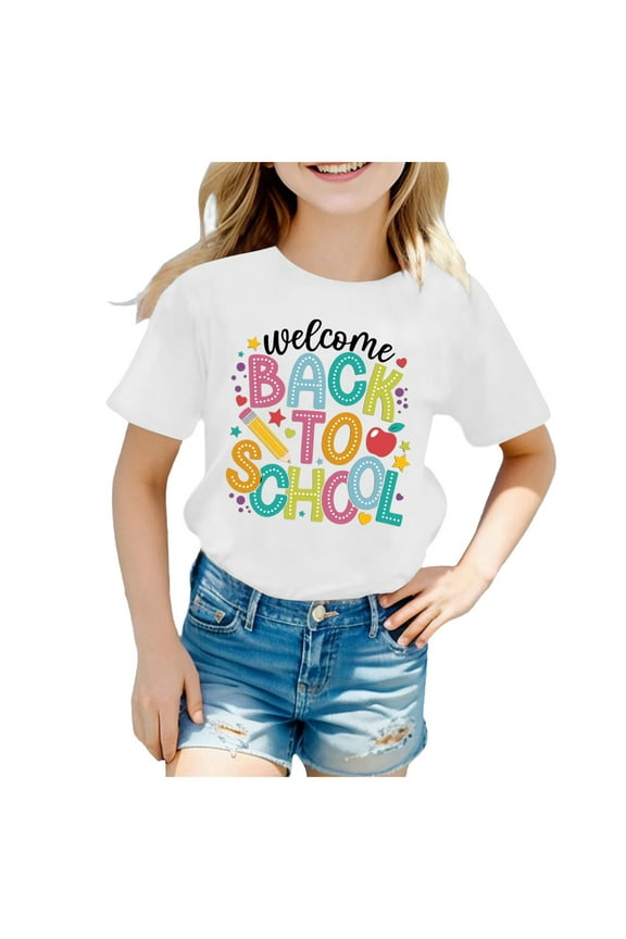 Girls Back-To-School T Shirt Short Sleeve Round Neck T-Shirt for Kids, Sizes 3-4