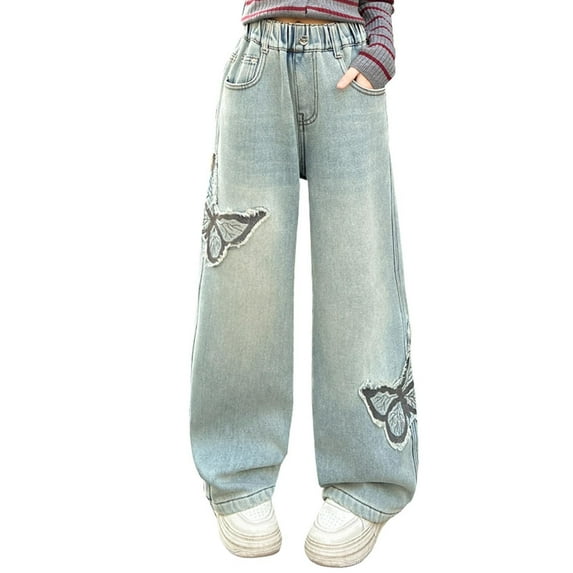 Tiijoy Girls Baggy Straight Leg Jeans Elastic Waist Denim Pants with Butterfly Patches, Sizes 8-10