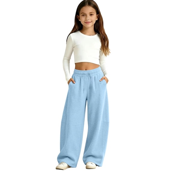Tiijoy Girls Baggy Sweatpants Kids Casual Solid Wide Leg Athletic Pants, Blue, Size 5-15