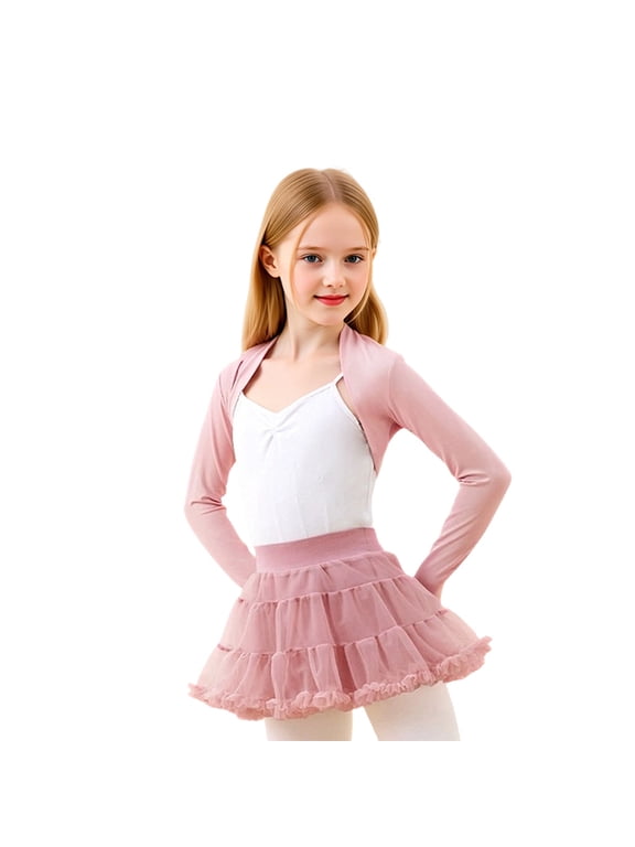 Girls Ballet Wrap Top Cardigan Dance Sweater Fall Long Sleeve Capelet Coat, Pink
