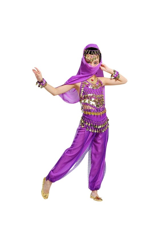 Girls Belly Dance Co_Stume Stage Performance Sequins Dancewear Outfits, Sizes 3-12